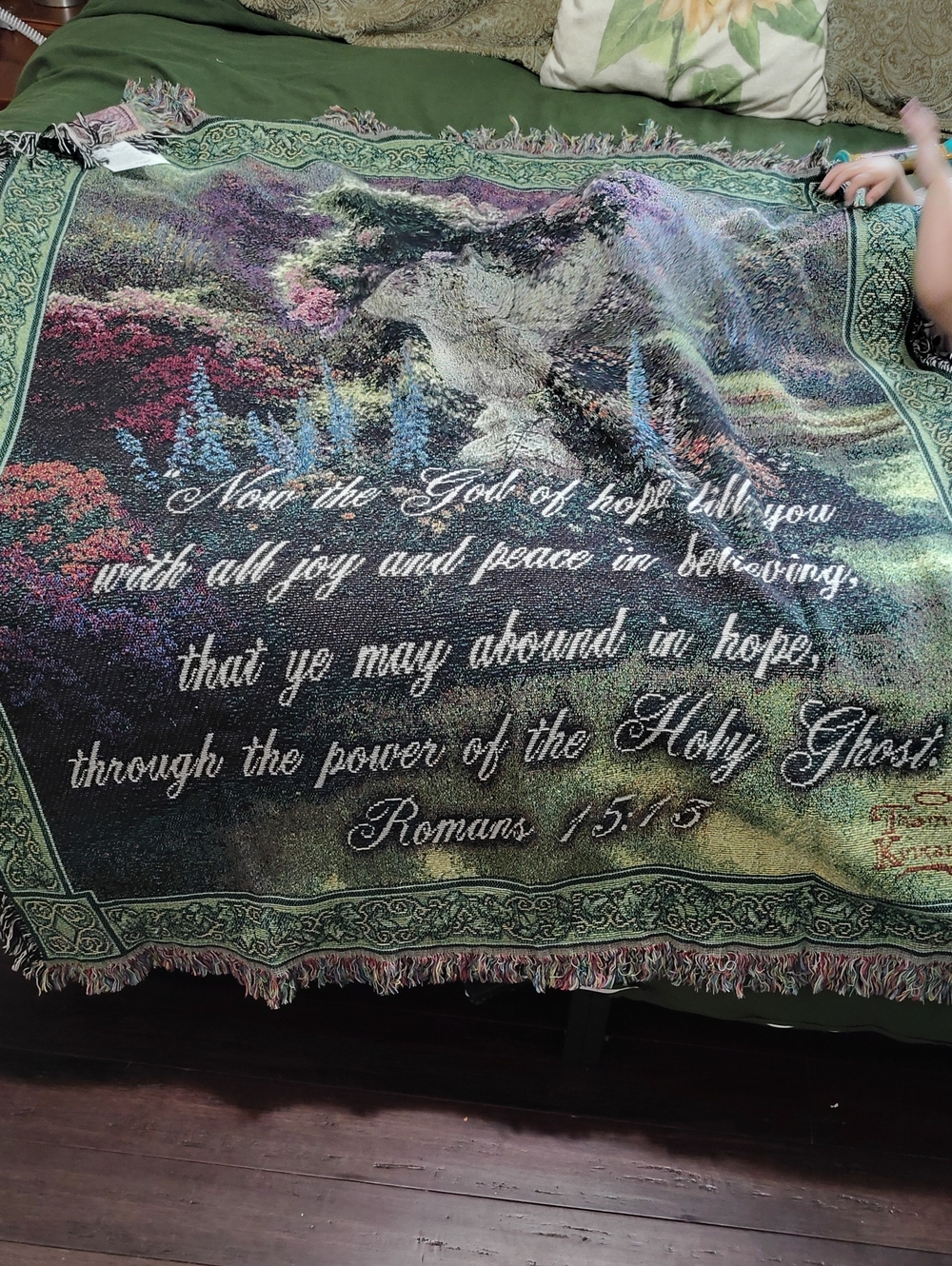 Thomas Kinkade Green Multi Scenic Scripture Throw Blanket Romans 15:13